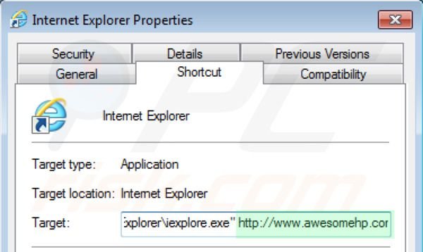 Removing awesomehp.com from Internet Explorer shortcut target step 2