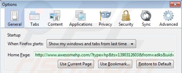 Verwijder awesomehp.com als startpagina in Mozilla Firefox