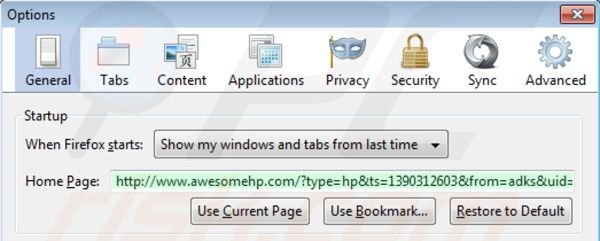 Verwijder awesomehp.com als startpagina in Mozilla Firefox