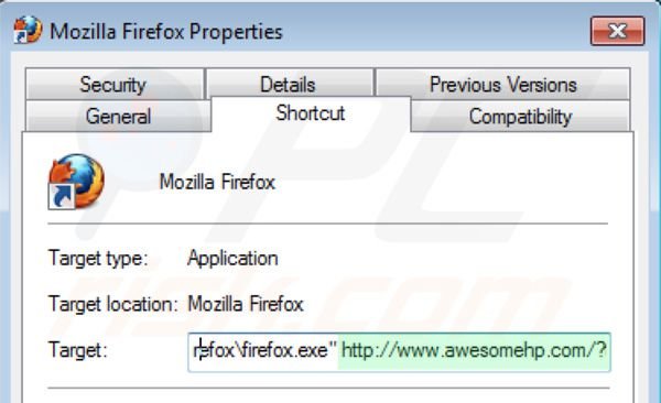 Verwijder awesomehp.com als doel van de Mozilla Firefox snelkoppeling stap 2