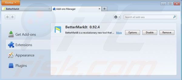 Verwijder Bettermarkit uit de Mozilla Firefox extensies stap 2