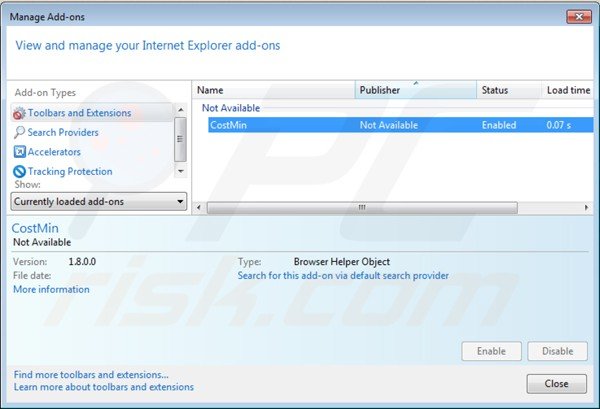 Verwijder costmin uit de Internet Explorer extensions stap 2