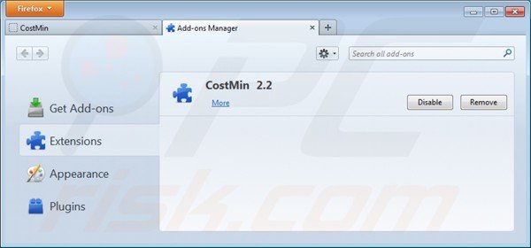 Verwijder costmin uit de Mozilla Firefox extensies stap 2