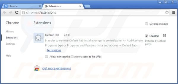 Verwijder default tab uit de Google Chrome extensies