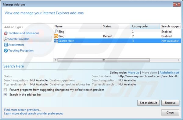Verwijder het default tab virus als standaard zoekmachine in Internet Explorer