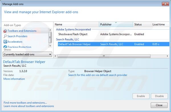 Verwijder het default tab virus uit de Internet Explorer extensies