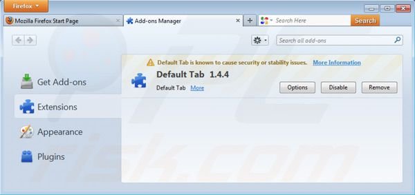 Verwijder het Default tab virus uit de Mozila Firefox extensies