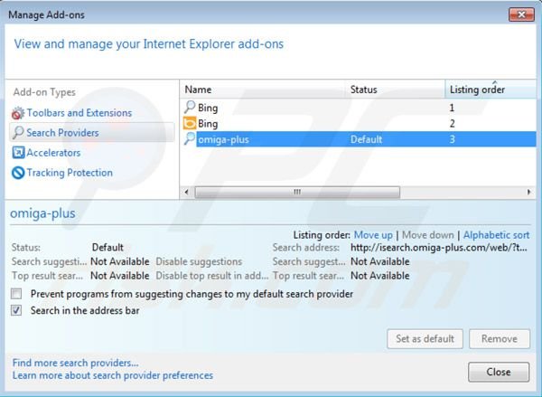 Verwijder het inspsearch.com doorverwijzingsvirus als standaard zoekmachine in Internet Explorer 
