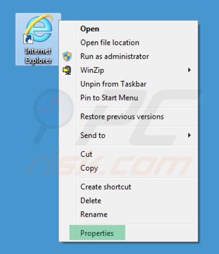 Verwijder het inspsearch.com doorverwijzingsvirus als doel van de Internet Explorer snelkoppeling stap 1