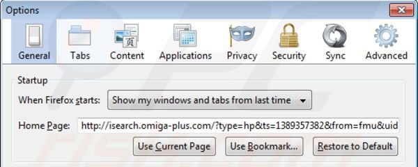 Verwijder het inspsearch.com doorverwijzingsvirus als startpagina in Mozilla Firefox