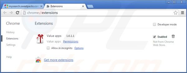 Verwijder mysearch.sweetpacks.com uit de Google Chrome extensies