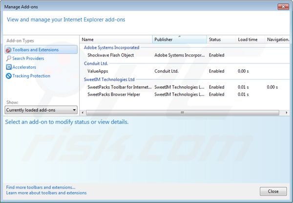 Verwijder mysearch.sweetpacks.com uit de Internet Explorer extensies