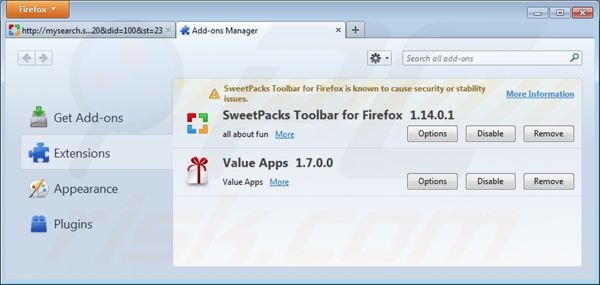 Verwijder mysearch.sweetpacks.com uit de Mozilla Firefox extensies