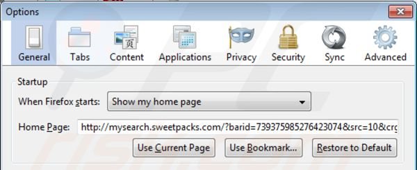 Removing mysearch.sweetpacks.com from Mozilla Firefox homepage