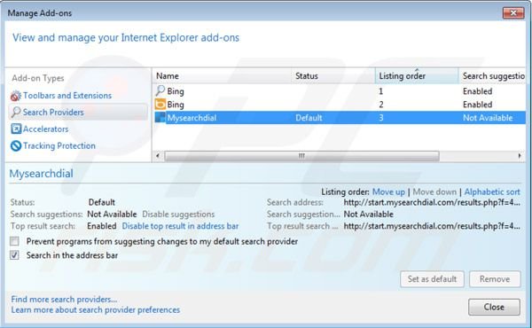 Verwijder mysearchdial.com als standaard zoekmachine in Internet Explorer