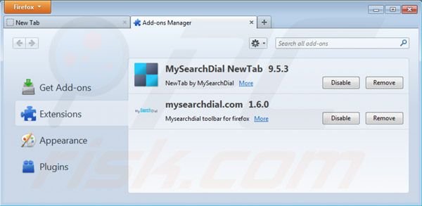 Verwijder mysearchdial.com uit de Mozilla Firefox extensies