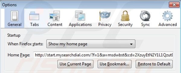 Verwijder mysearchdial.com als startpagina in Mozilla Firefox