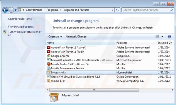 Mysearchdial uninstall using Control Panel