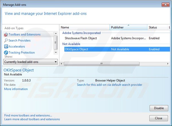 Verwijder okitspace uit Internet Explorer stap 2