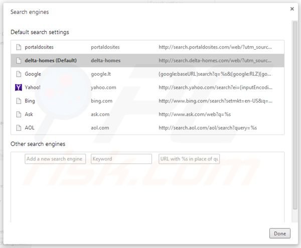 Verwijder portaldosites.com als standaard zoekmachine in Google Chrome