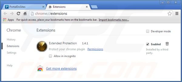 Verwijder aan portaldosites.com gerelateerde Google Chrome extensies