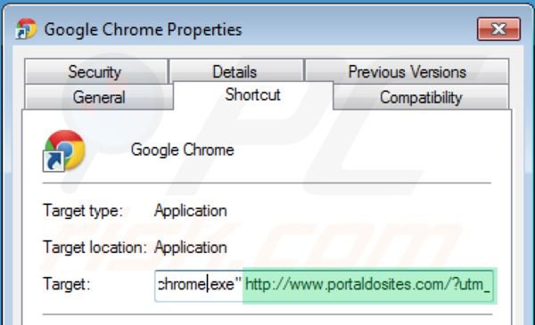 Verwijder portaldosites.com als doel van de Google Chrome snelkoppeling stap 2
