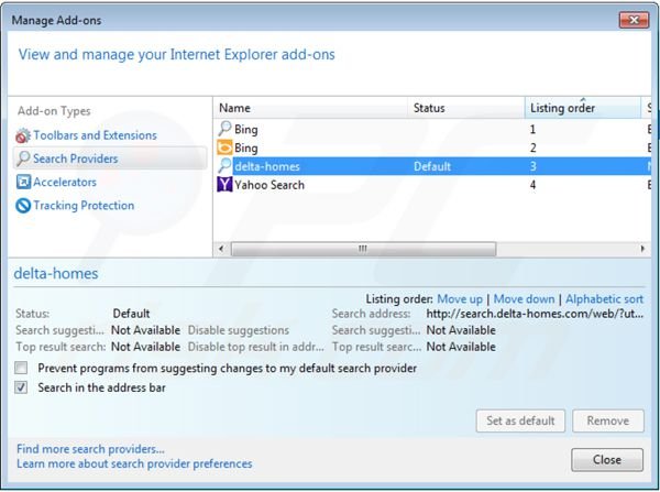 Verwijder portaldosites.com als standaard zoekmachine in Internet Explorer