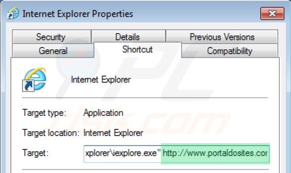Verwijder portaldosites.com als doel van de Internet Explorer snelkoppeling stap 2