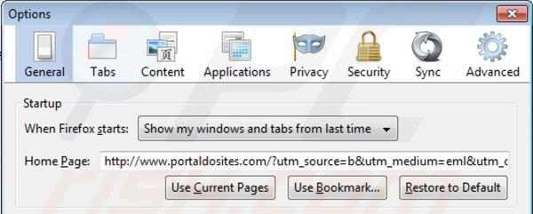 Verwijder portaldosites.com als startpagina in Mozilla Firefox 