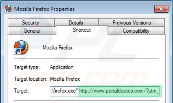 Verwijder portaldosites.com als doel van de Mozilla Firefox snelkoppeling stap 2