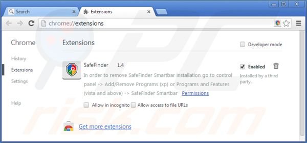 Verwijder isearch.safefinder.net uit de Google Chrome extensies