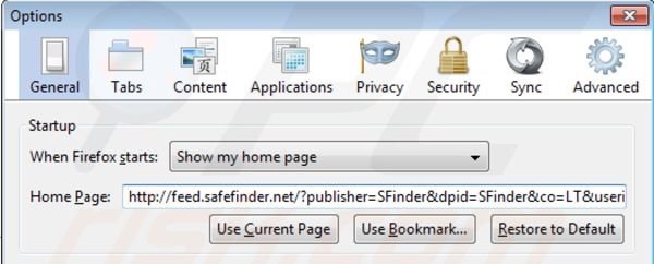 Verwijder isearch.safefinder.net als startpagina in Mozilla Firefox
