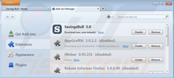 Verwijder Savings Bull uit Mozilla Firefox stap 2
