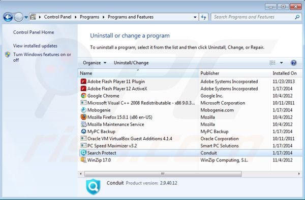 Search Protect by Conduit ver uninstawijdering uit het Controle Paneel