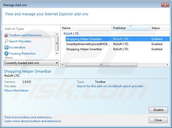 Verwijder shopping helper smartbar uit de Internet Explorer extensies