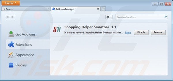 Verwijder de shopping helper smartbar uit de Mozilla Firefox extensies