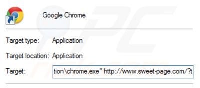 Verwijder sweet-page.com als doel van de Google Chrome snelkoppeling stap 2