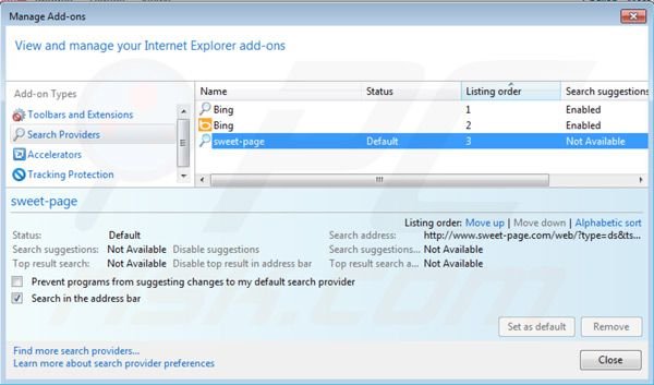 Verwijder sweet-page.com als standaard zoekmachine in Internet Explorer