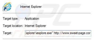 Verwijder sweet-page.com als doel van de Internet Explorer snelkoppeling stap 2