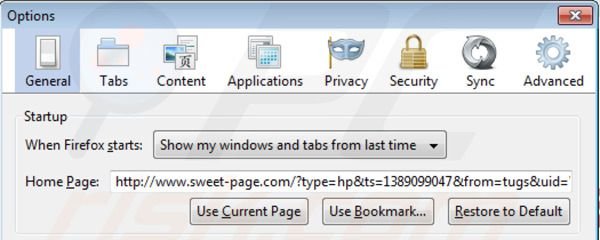 Verwijder sweet-page.com als startpagina in Mozilla Firefox 