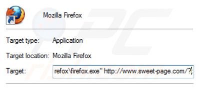 Verwijder sweet-page.com als doel van de Mozilla Firefox snelkoppeling stap 2