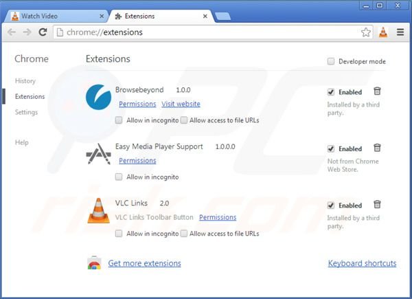 Verwijder het vlc app virus uit de Google Chrome extensies stap 2