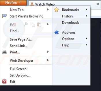 Verwijder het vlc app virus uit de Mozilla Firefox extensies stap 1