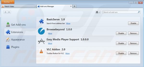 Verwijder het vlc app virus uit de Mozilla Firefox extensies stap 2