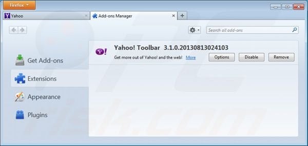 Verwijder de Yahoo werkbalk uit de Mozilla Firefox extensies
