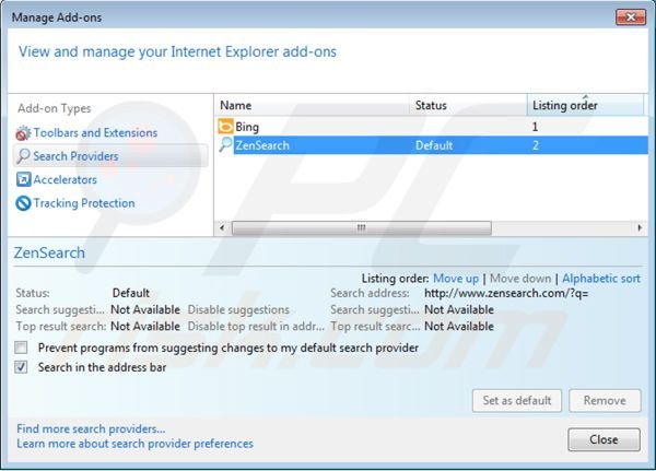 Verwijder zensearch.com als standaard zoekmachine in Internet Explorer