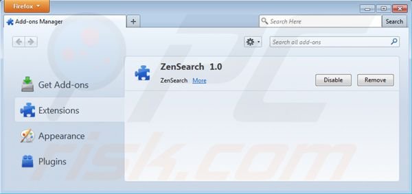 Verwijder zensearch.com uit de Mozilla Firefox extensies