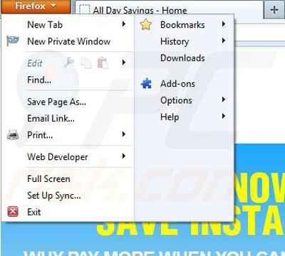 Verwijder de All Day Savings advertenties uit Mozilla Firefox stap 1