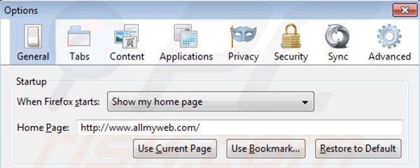 Verwijder allmyweb.com als startpagina in Mozilla Firefox