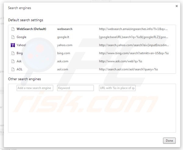 Verwijder websearch.amaizingsearches.info als standaard zoekmachine in Google Chrome